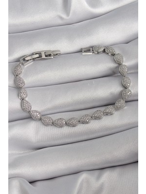 Aylina Mey Ithalat® Pirinç Gümüş Renk Zirkon Taşlı Damla Model Vıp Seri Kadın Bileklik