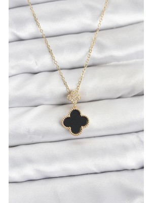 Aylina Mey Ithalat® 316L Çelik Zincir Gold Renk Yonca Model Zirkon Taşlı Kadın Kolye