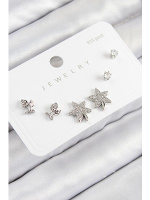 EkoAlışverişDünyam Pirinç Zirkon Taşlı Yıldız ve Gül Model Gümüş Renk 925 Ayar Gümüş Çivi Kadın Küpe Set - TJ-BKP11179