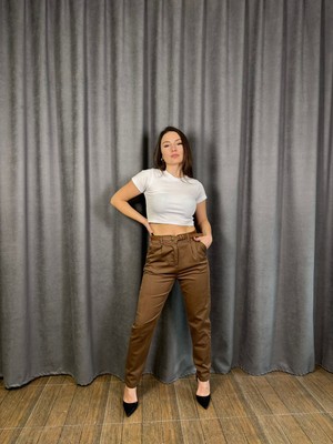 Asl Woman Kadın Kemerli Likralı Gabardin Pantolon – Yüksek Bel Beli Lastikli Rahat Kesim Kumaş Pantolon