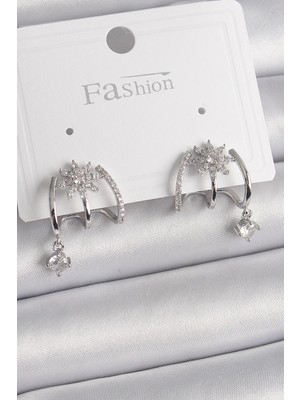 Aylina Mey Ithalat® Pirinç Gümüş Renk Zirkon Taşlı Çiçek Figür Sallantı Detay Kadın Küpe