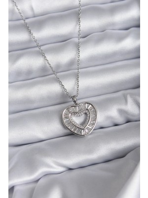 Aylina Mey Ithalat® 316L Çelik Zincir Gümüş Renk Baget Zirkon Taşlı Kadın Kolye