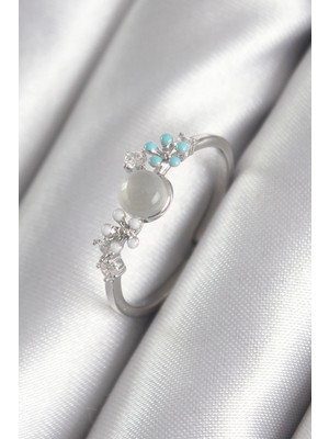 Aylina Mey Ithalat® Pirinç Gümüş Renk Zirkon Taş Detaylı Beyaz Sedefli Çiçek Model Kadın Yüzük