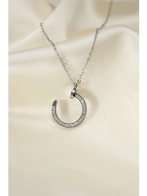 Aylina Mey Ithalat® Çelik Silver Renk Zirkon Taşlı Çivi Model Kadın Kolye