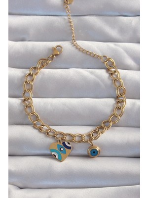 Aylina Mey Ithalat® 316L Çelik Gold Renk Nazarlı Kalp Model Zincir Bileklik