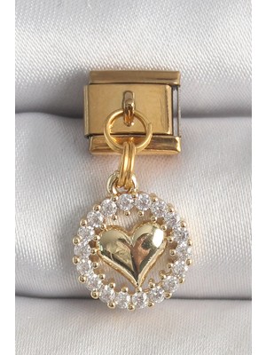 Aylina Mey Ithalat® 316L Çelik Gold Renk Sallantı Zirkon Taşlı Kalp Model Nomination Charm
