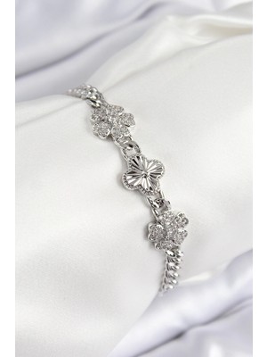 Aylina Mey Ithalat® Pirinç Zirkon Taşlı Yonca Model Gümüş Renk Kadın Bileklik