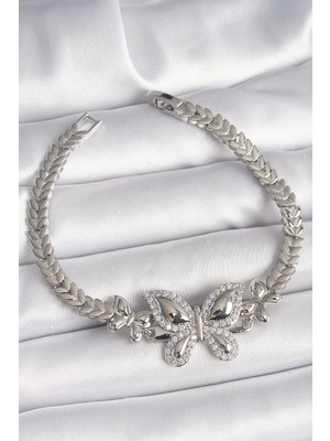 Aylina Mey Ithalat® Pirinç Gümüş Renk Zirkon Taşlı Kelebek Model Kadın Bileklik