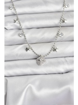 Aylina Mey Ithalat® Pirinç Gümüş Renk Zirkon Taşlı Kutup Yıldızı Model Kadın Kolye