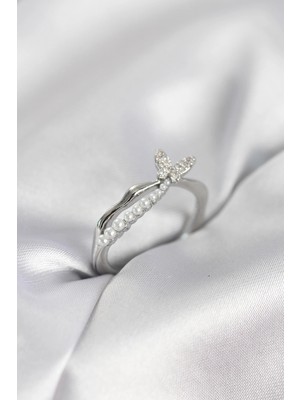 Aylina Mey Ithalat® Gümüş Renk Kuyruklu Kelebek Model Incili Kadın Yüzük