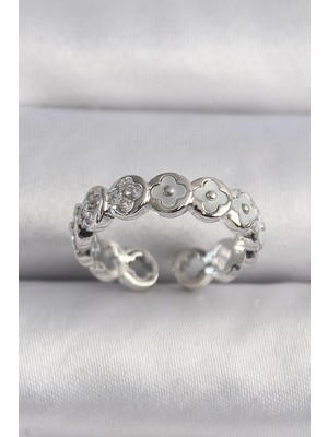 Aylina Mey Ithalat® Pirinç Gümüş Renk Beyaz Sedefli Yonca Model Kadın Yüzük