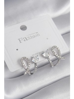 Aylina Mey Ithalat® Pirinç Gümüş Renk Kalp Model Zirkon Taşlı Kadın Küpe