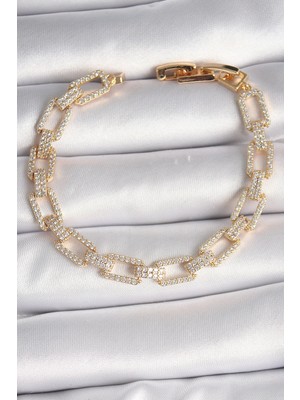 Aylina Mey Ithalat® Pirinç Gold Renk Zirkon Taşlı Zincir Model Vıp Seri Kadın Bileklik