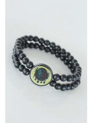 Aylina Mey Ithalat® Sarı Renkli Metal Üzerine Osmanlı Arma Figürlü Siyah Renk Çift Sıra Doğal Taş Erkek Bileklik