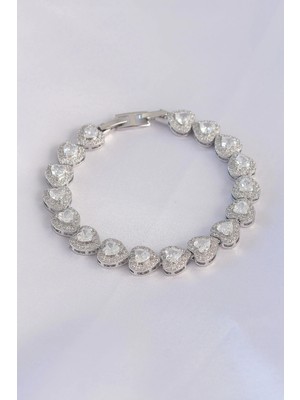 Aylina Mey Ithalat® Vip Seri Pirinç Zirkon Taşlı Gümüş Renk Kalp Model Bileklik