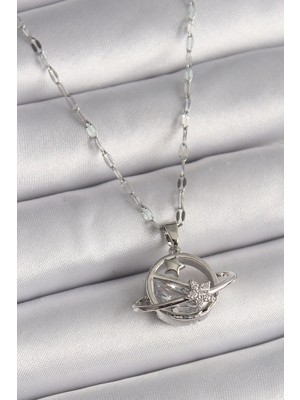 Aylina Mey Ithalat® 316L Çelik Gümüş Renk Zincir Zirkon Taşlı Yıldız Detay Gezegen Model Kadın Kolye