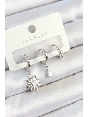 Aylina Mey Ithalat® Pirinç Zirkon Taşlı Güneş Model Gümüş Renk 3'lü Çift Kadın Küpe Set