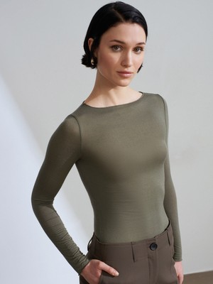 Dilvin 32122 Kayık Yaka Modal Kaşmir Ultra Hafif Bluz-Haki