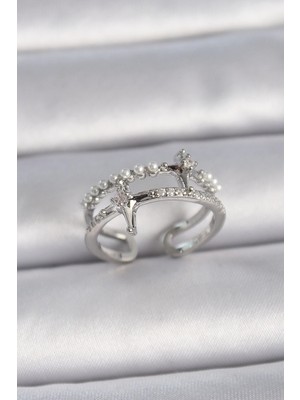 Aylina Mey Ithalat® Pirinç Gümüş Renk Ayarlanabilir Zirkon Taşlı Kutup Yıldız Inci Detay Kadın Yüzük