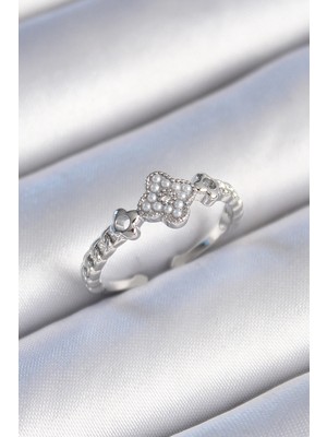 Aylina Mey Ithalat® Pirinç Gümüş Renk Incili Yonca Model Zirkon Taş Detaylı Kadın Yüzük