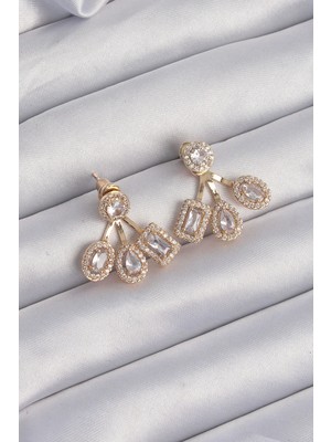 Aylina Mey Ithalat® Pirinç Gold Renk Zirkon Taşlı Geometrik Model Küpe