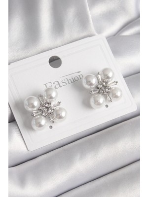 Aylina Mey Ithalat® Pirinç Gümüş Renk Zirkon Taşlı Incili Kadın Küpe