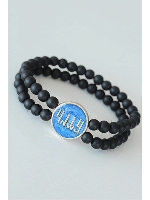 Aylina Mey Ithalat® Vav Figürlü Lacivert Metal Aksesuarlı Çift Sıra Oniks Doğal Taş Erkek Bileklik