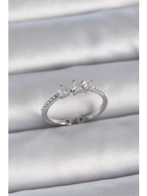 Aylina Mey Ithalat® Pirinç Gümüş Renk Zirkon Taşlı Kalp Inci Detay Ayarlanabilir Model Kadın Yüzük