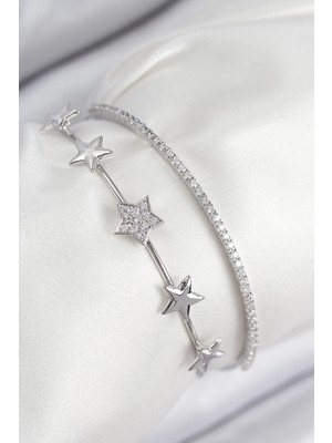 Aylina Mey Ithalat® Pirinç Zirkon Taşlı Yıldız Model Gümüş Renk Kadın Bileklik