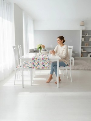 Suluboya Çiçek Desen , Dijital Baskı , Çift Taraflı , Süngerli Fermuarlı 4 Adet Sandalye Minder ve 1 Runner Mutfak Bahçe Yemek Masası 5li Set