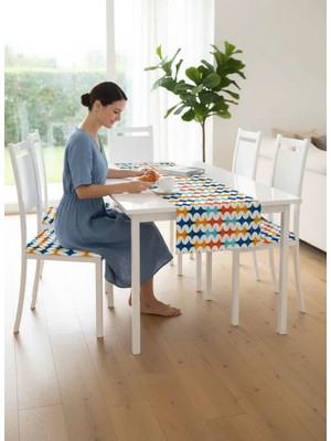 Geometrik Desen , Dijital Baskı , Çift Taraflı , Süngerli Fermuarlı 4 Adet Sandalye Minderi ve 1 Runner Mutfak Bahçe Yemek Masası 5li Set