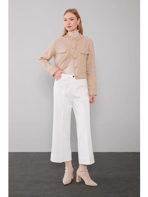 Levidor Optik Beyaz Katlı Paçalı Wideleg Pantolon