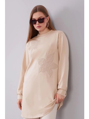 Levidor Bej Ikili Çiçek Desenli Sweat