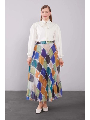 Levidor Saks Baklava Desenli Pileli Etek