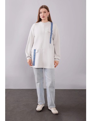 Levidor Ekru Kot Şerit Detaylı Sweat