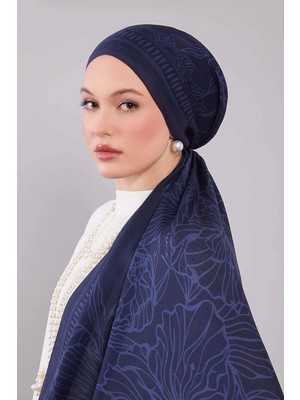 Levidor Indigo Çiçek Desenli Yün Ipek Şal