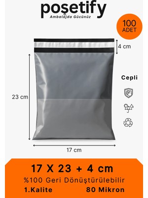 Poşetify Cepli Kargo Poşeti | 17x23x4 cm | 100 Adet | Gri | 80 Mikron | Küçük Boy | Kalın | İç Göstermez