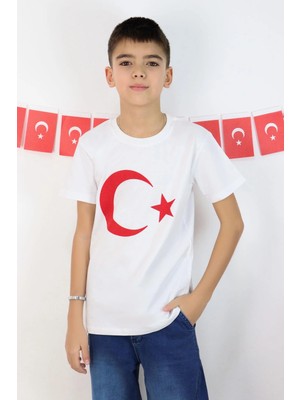 Breeze Erkek Çocuk Tişört Türk Bayraklı 4-14 Yaş, Beyaz