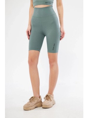 Glam Love Yüksek Bel Fitilli Biker Baskılı Şort - Mint Yeşili