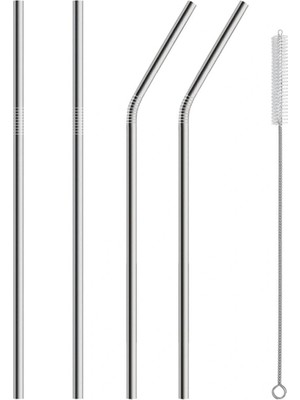 EkoAlışverişDünyam 5 Parça Metal Pipet - Paslanmaz Çevre Dostu Metal Pipet Fırça Seti