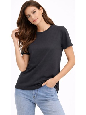 Kadın Bisiklet Yaka Tişört Regular Kalıp Basic Pamuklu Günlük Kullanım T-Shirt - Füme
