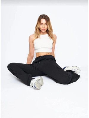 Glam Love Kargo Cepli Palazzo Oversize Kesim Iki Iplik Bol Paça Eşofman Altı Pantalon - Siyah