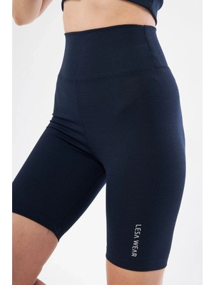 Glam Love Yüksek Bel Fitilli Biker Baskılı Şort - Lacivert