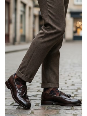 Shoetyle - Kahverengi Açma Deri Püsküllü Erkek Klasik Ayakkabı 250-7951