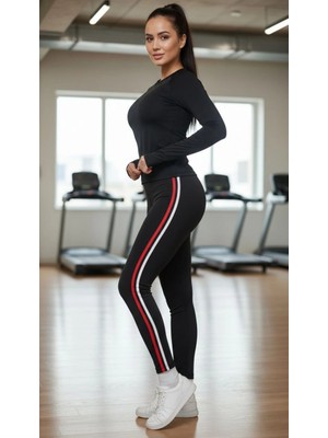 Glam Love Kadın Likralı Penye Yanı Kırmızı Beyaz Şeritli Dar Kalıp Spor Tayt - Siyah