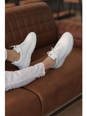 Shoetyle - Beyaz Hakiki Deri Bağcıklı Erkek Sneaker 115-K588