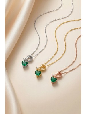 Evas Jewellery 925 Ayar Gümüş Kalp Kesim Zümrüt Kolye – Doğal Pırlantalı – 14 Ayar Altın & Rose Kaplama