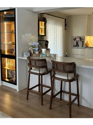 Silla Concept 2'li Odin Bar Sandalyesi Teddy Krem Kumaş Hasırlı Ceviz Ahşap Ada Sandalye (2 Adet)