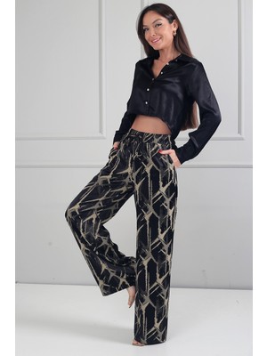 By Saygı Kadın Beli Lastikli Cepli Soyut Geometrik Desenli Palazzo Saten Pantolon