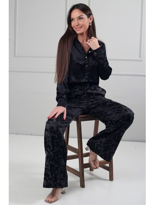 By Saygı Kadın Beli Lastikli Soyut Desenli Palazzo Saten Pantolon